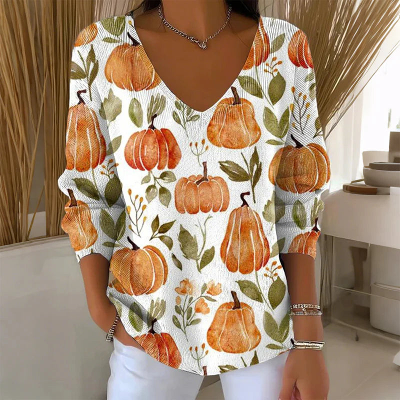 【❤️Kombinacija udobja in elegance】✨Bluza z dolgimi rokavi in V-izrezom s potiskom