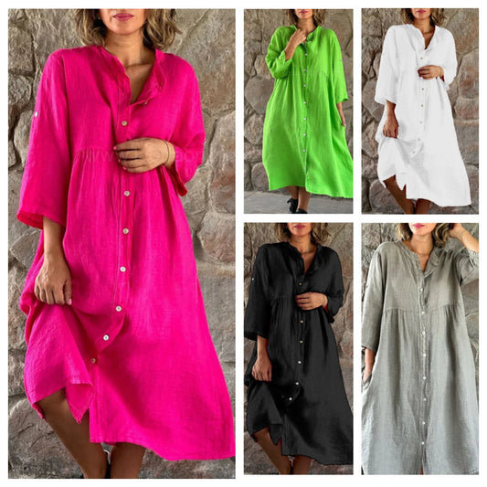 【✨Combinație de confort și modă】Rochie cămașă lejeră din bumbac și in