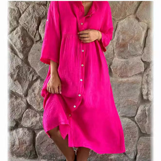 【✨Combinație de confort și modă】Rochie cămașă lejeră din bumbac și in
