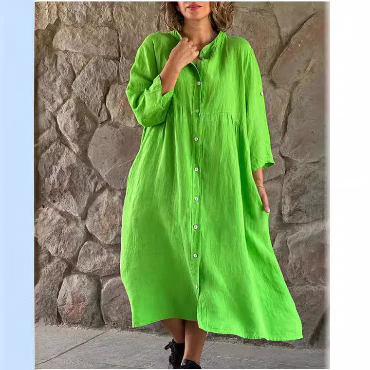 【✨Combinație de confort și modă】Rochie cămașă lejeră din bumbac și in