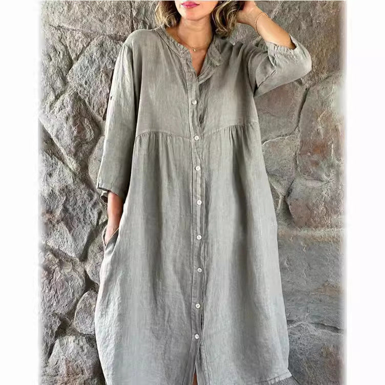 【✨Combinație de confort și modă】Rochie cămașă lejeră din bumbac și in