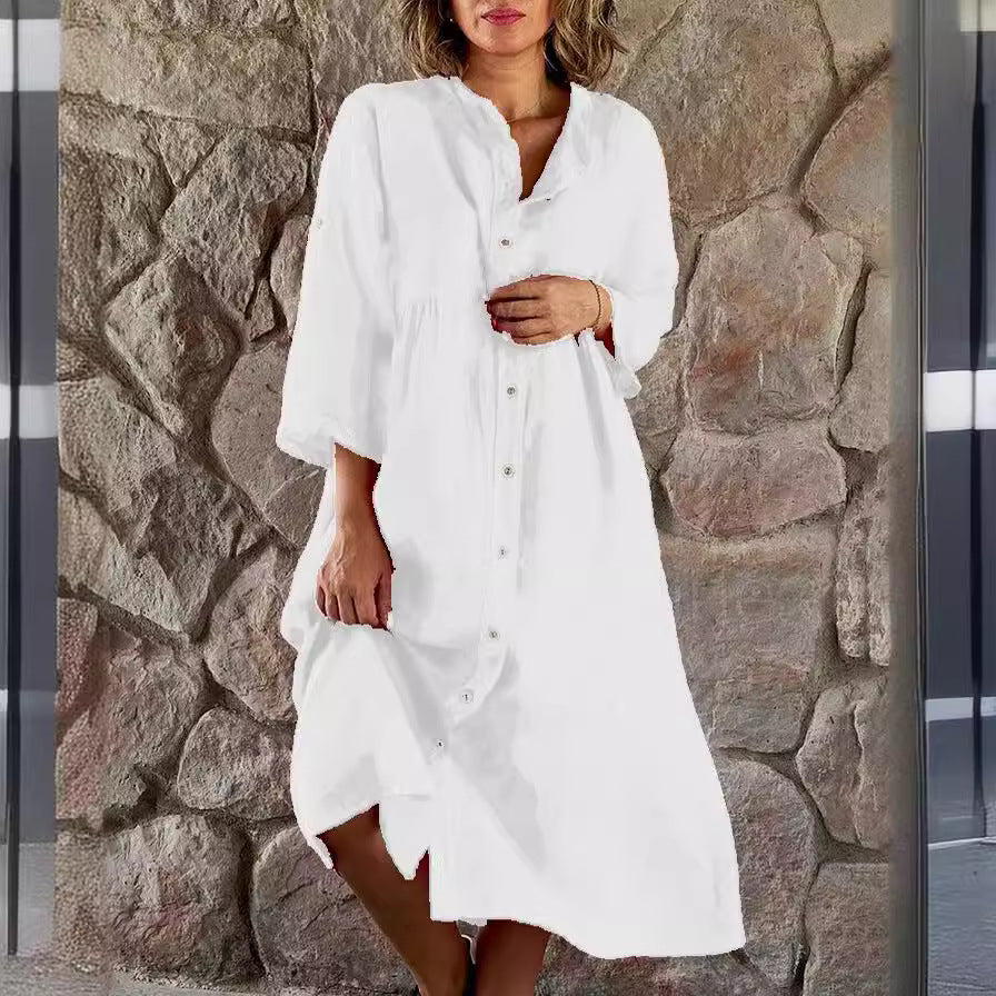 【✨Combinație de confort și modă】Rochie cămașă lejeră din bumbac și in