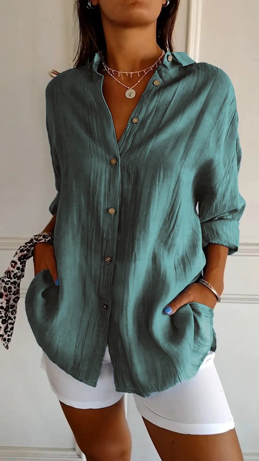 ✨Women's Casual Single-Breasted Pleated Lapel Shirt