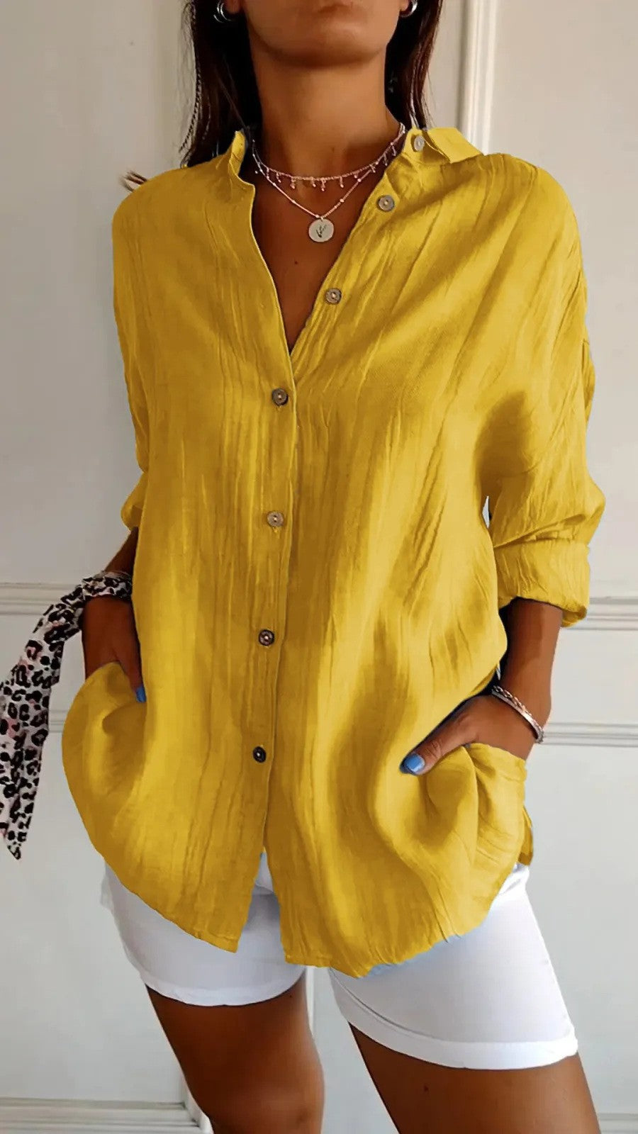 ✨Women's Casual Single-Breasted Pleated Lapel Shirt