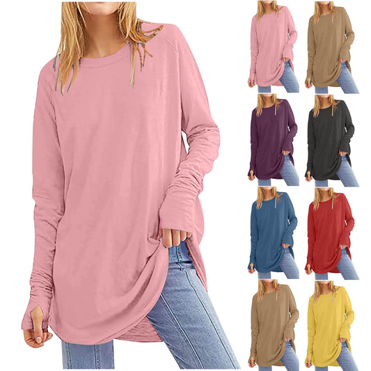 Womens Tunic Tops to Wear with Leggings Long Sleeve Thumb Hole Shirts Crew Neck Curved Hem(BUY 2 FREE SHIPPING)