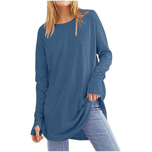 Womens Tunic Tops to Wear with Leggings Long Sleeve Thumb Hole Shirts Crew Neck Curved Hem(BUY 2 FREE SHIPPING)
