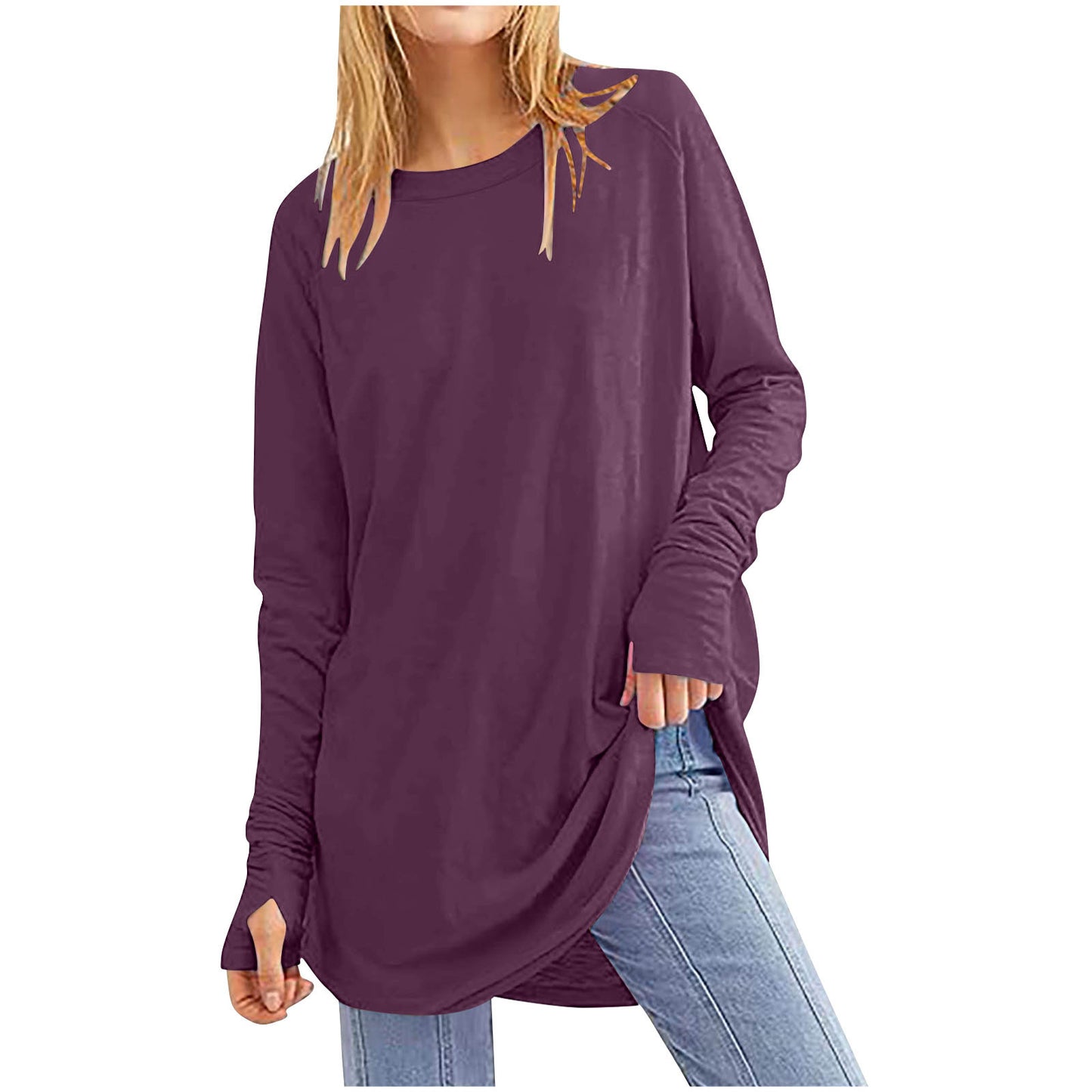 Womens Tunic Tops to Wear with Leggings Long Sleeve Thumb Hole Shirts Crew Neck Curved Hem(BUY 2 FREE SHIPPING)
