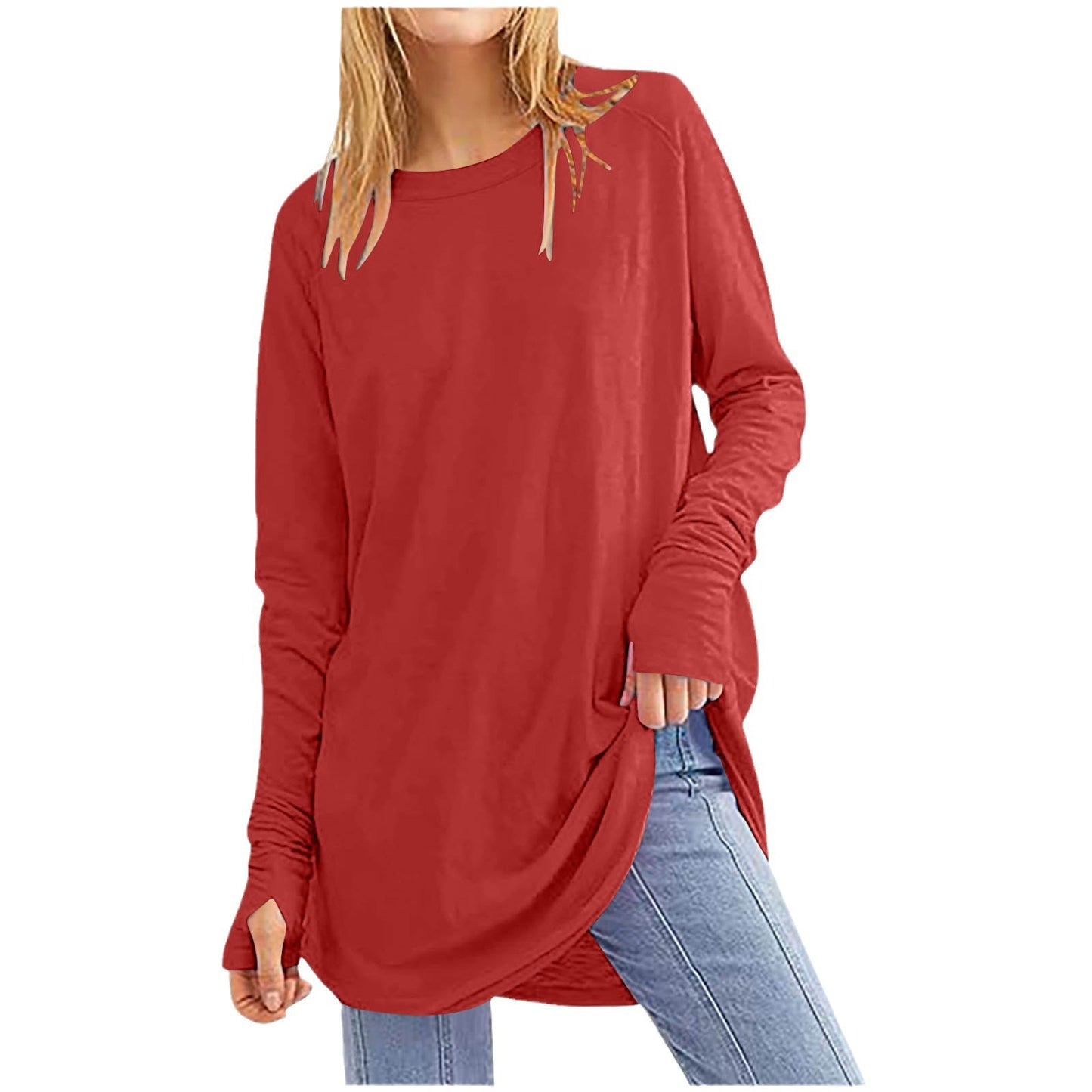 Womens Tunic Tops to Wear with Leggings Long Sleeve Thumb Hole Shirts Crew Neck Curved Hem(BUY 2 FREE SHIPPING)