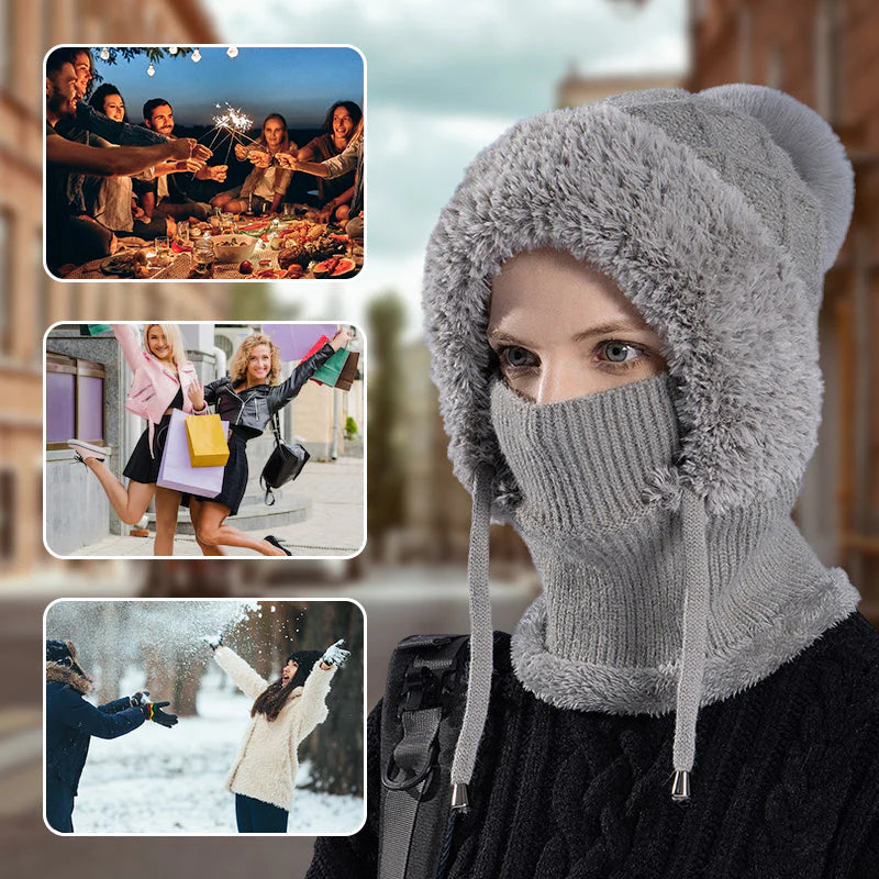 (🎁Božična ponudba🎄)🔥Kupite 1, dobite 1 gratis:elegantna, debela pletena zimska kapa s toplim pokrivalom za obraz in šalom