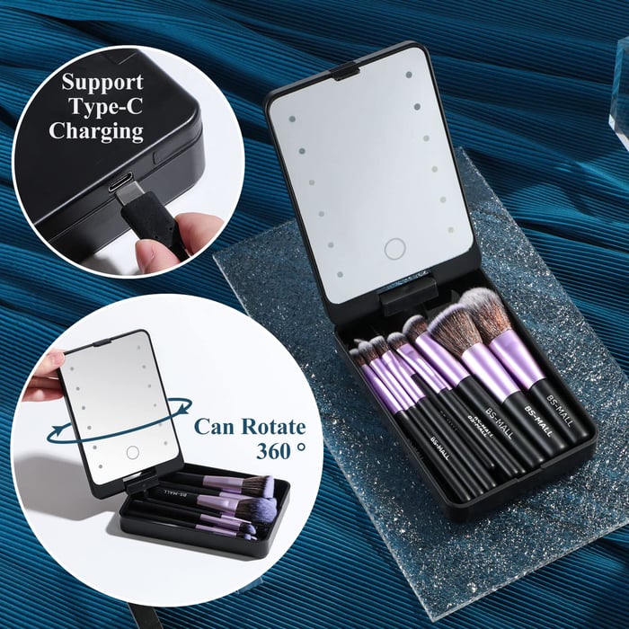 Putni set kistova za šminkanje s LED svjetlom i kutijicom za prašinu (5 kistova, punjivi putem USB-a)