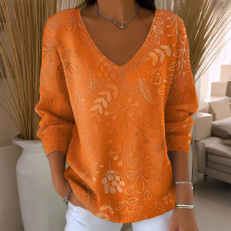 【❤️Kombinacija udobja in elegance】✨Bluza z dolgimi rokavi in V-izrezom s potiskom