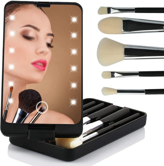 Putni set kistova za šminkanje s LED svjetlom i kutijicom za prašinu (5 kistova, punjivi putem USB-a)
