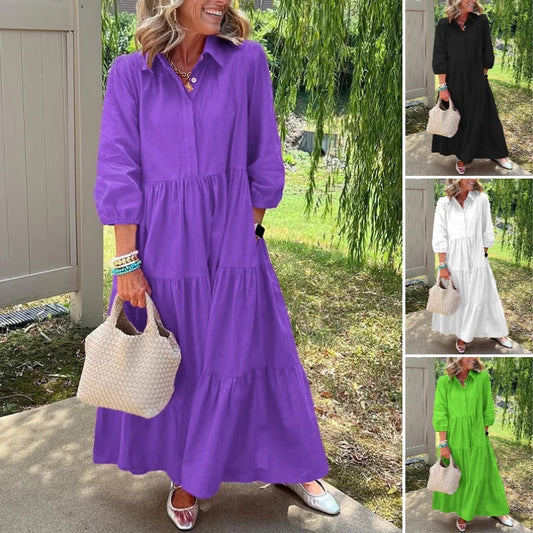 【🔥50% POPUSTA🔥】Duga, široka haljina s ovratnikom i tričetvrt rukavima — elegantna i udobna!