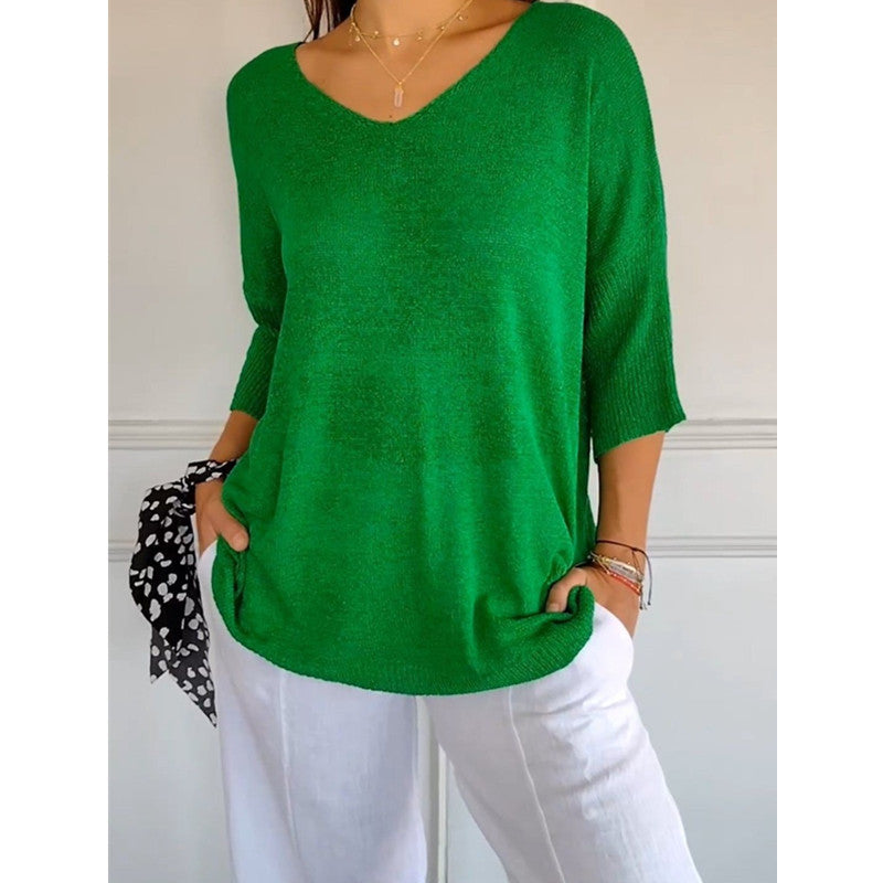 Solid Color Knitted V-neck Top