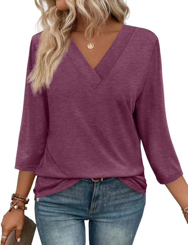 NEW  Women's V Neck 3/4 Long Sleeve Loose Fit Tops