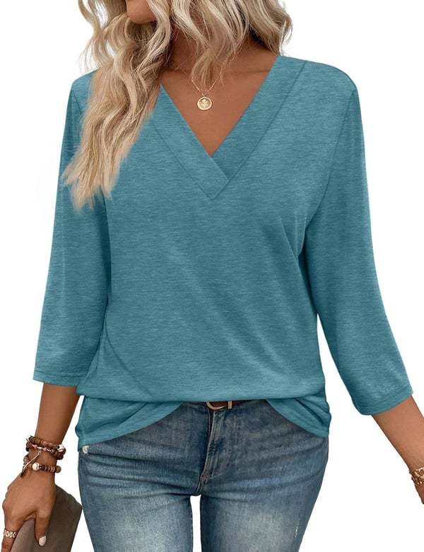 NEW  Women's V Neck 3/4 Long Sleeve Loose Fit Tops