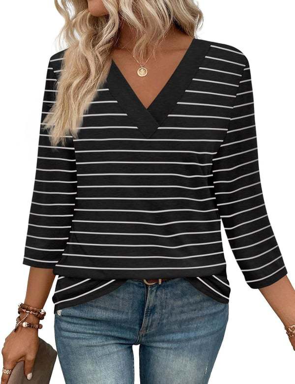 NEW  Women's V Neck 3/4 Long Sleeve Loose Fit Tops