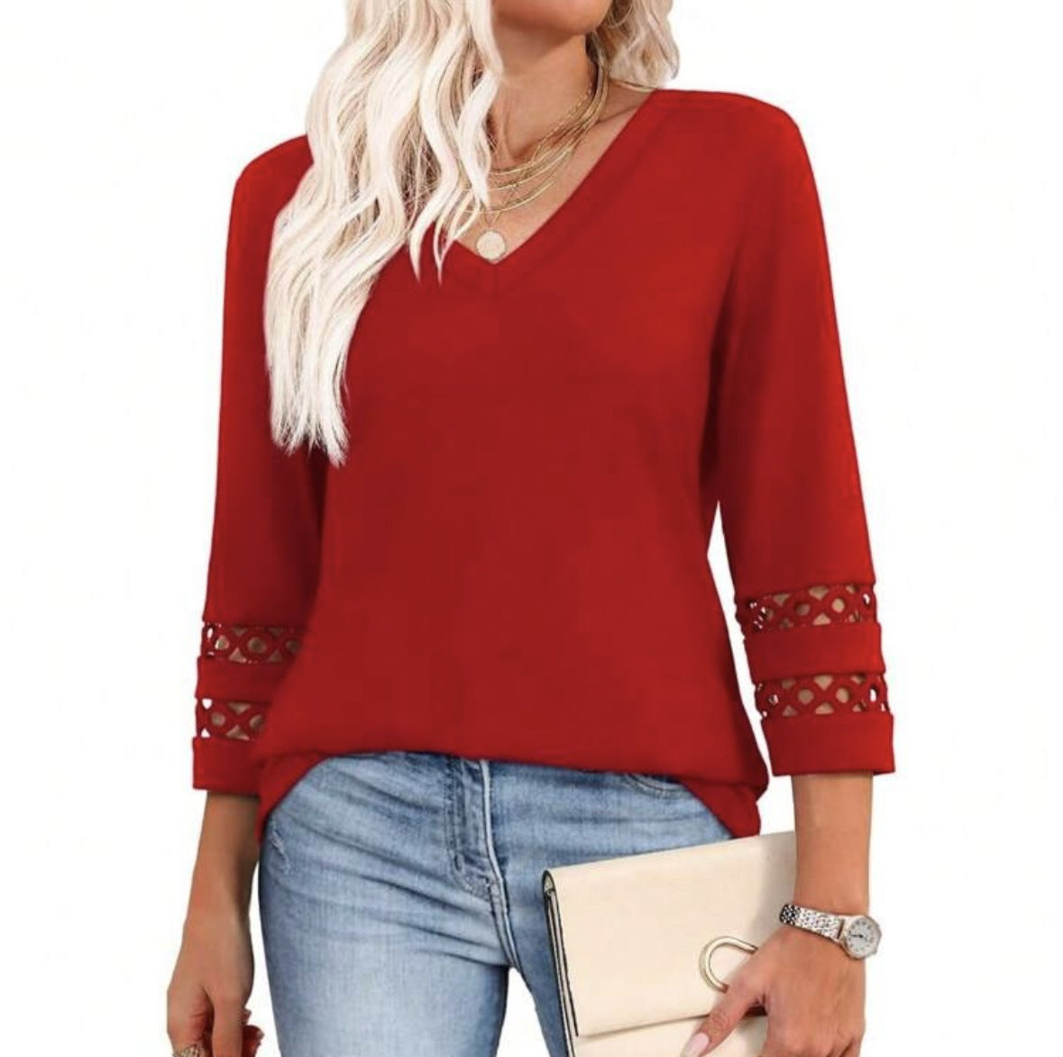 2025 New Womens 3/4 Length Sleeve Tops Trendy V Neck T Shirts