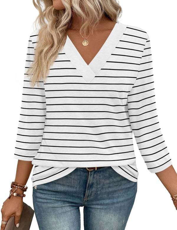 NEW  Women's V Neck 3/4 Long Sleeve Loose Fit Tops