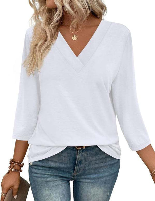 NEW  Women's V Neck 3/4 Long Sleeve Loose Fit Tops
