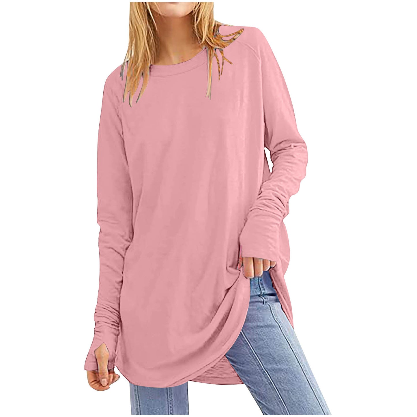 Womens Tunic Tops to Wear with Leggings Long Sleeve Thumb Hole Shirts Crew Neck Curved Hem(BUY 2 FREE SHIPPING)