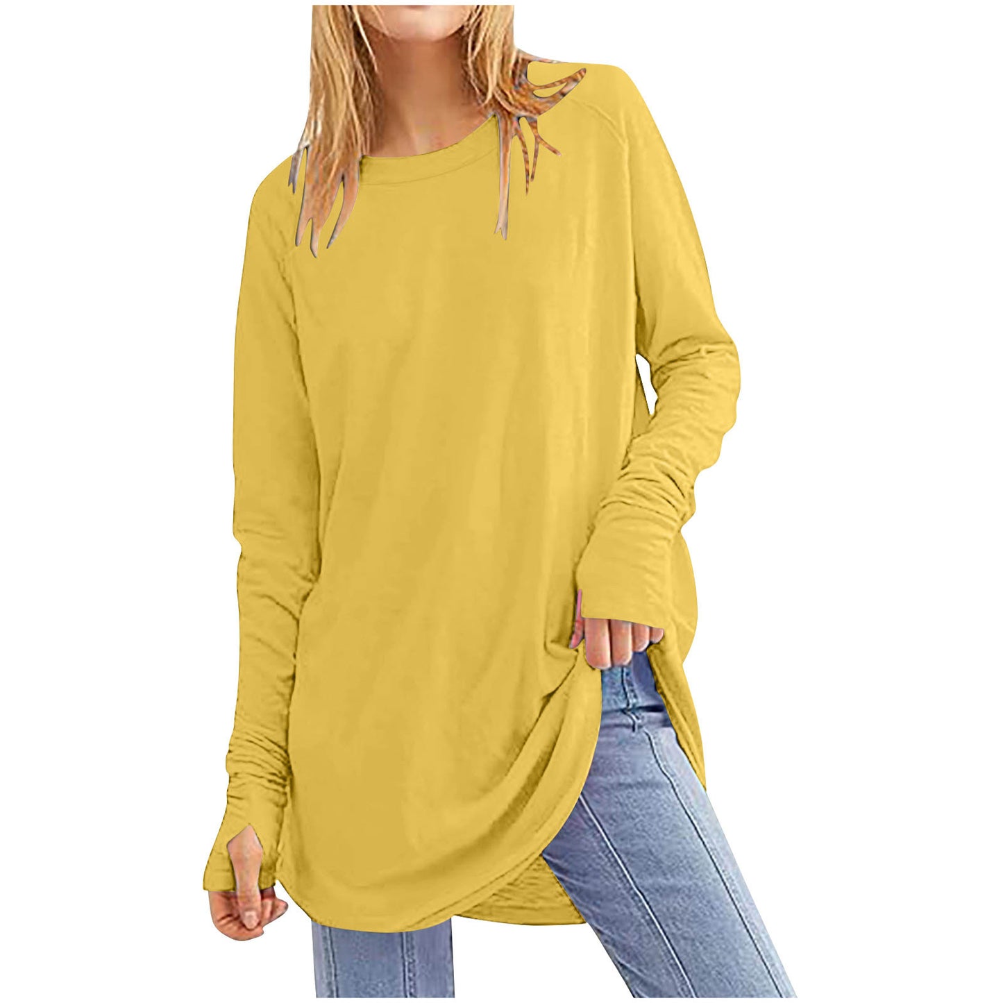 Womens Tunic Tops to Wear with Leggings Long Sleeve Thumb Hole Shirts Crew Neck Curved Hem(BUY 2 FREE SHIPPING)