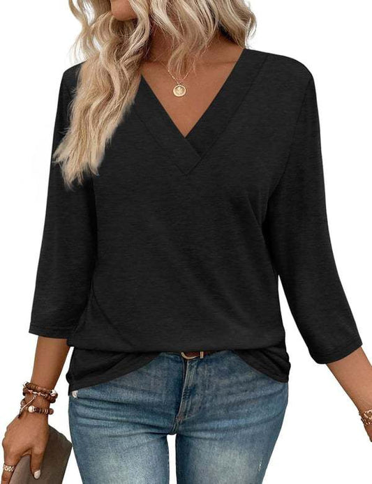 NEW  Women's V Neck 3/4 Long Sleeve Loose Fit Tops