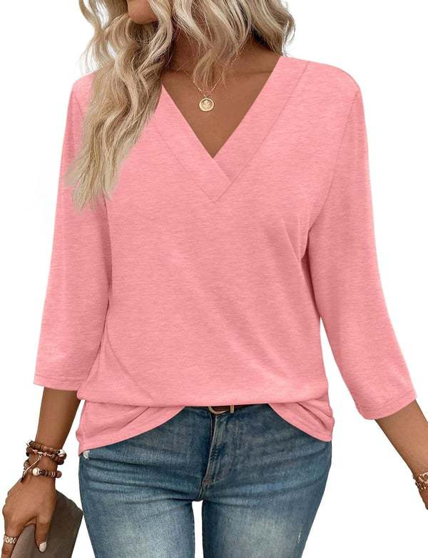 NEW  Women's V Neck 3/4 Long Sleeve Loose Fit Tops