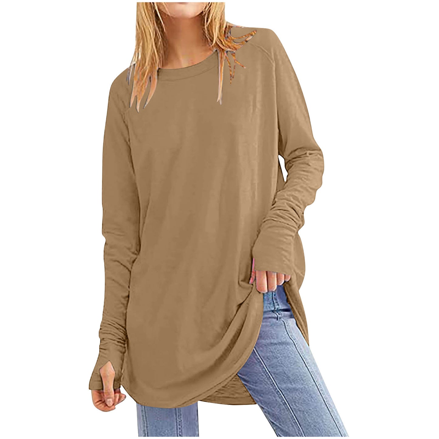 Womens Tunic Tops to Wear with Leggings Long Sleeve Thumb Hole Shirts Crew Neck Curved Hem(BUY 2 FREE SHIPPING)
