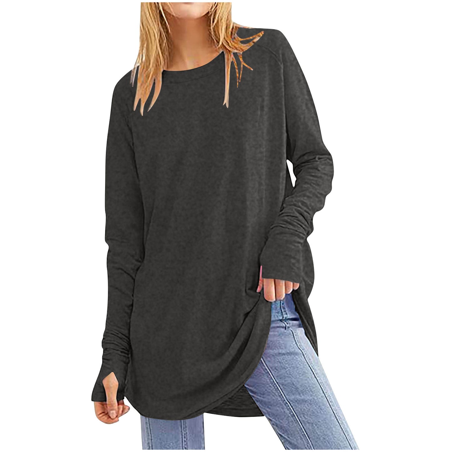 Womens Tunic Tops to Wear with Leggings Long Sleeve Thumb Hole Shirts Crew Neck Curved Hem(BUY 2 FREE SHIPPING)