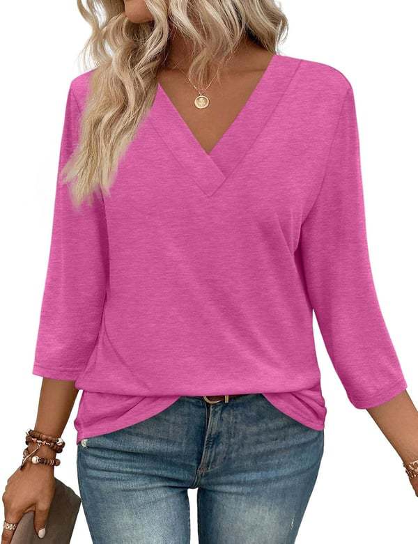 NEW  Women's V Neck 3/4 Long Sleeve Loose Fit Tops