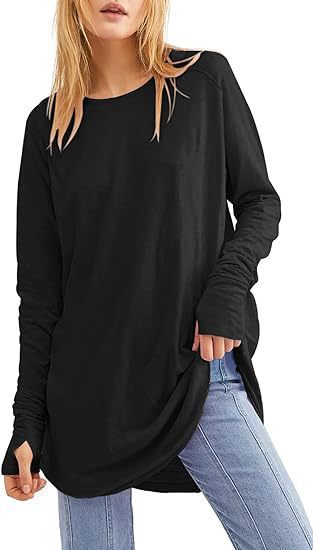 Womens Tunic Tops to Wear with Leggings Long Sleeve Thumb Hole Shirts Crew Neck Curved Hem(BUY 2 FREE SHIPPING)