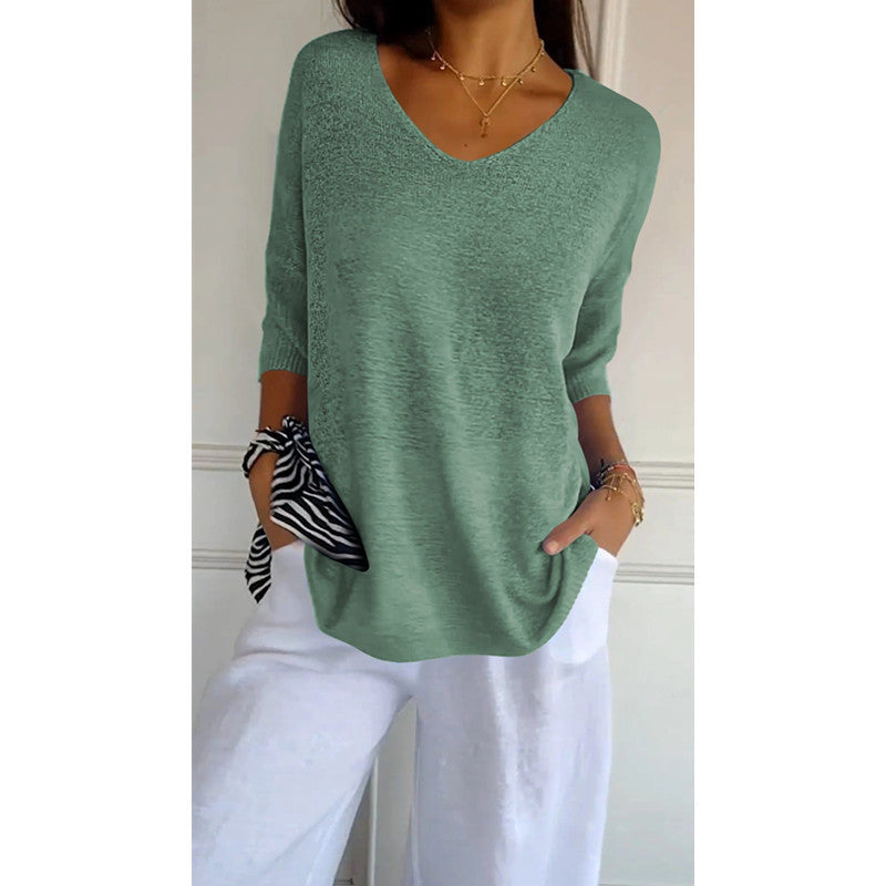 Solid Color Knitted V-neck Top