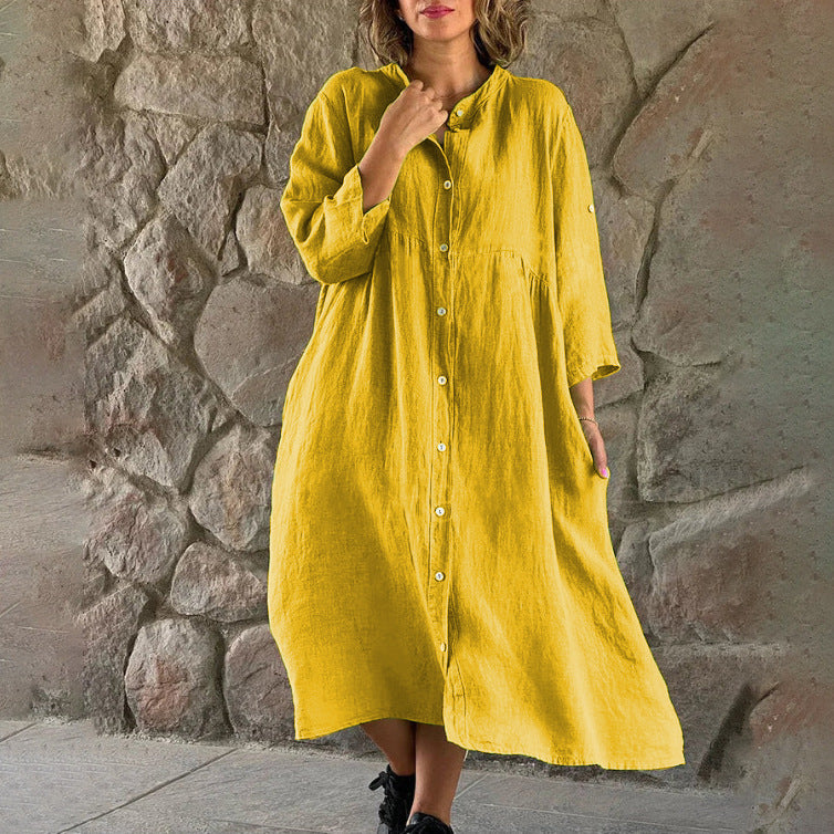【✨Combinație de confort și modă】Rochie cămașă lejeră din bumbac și in