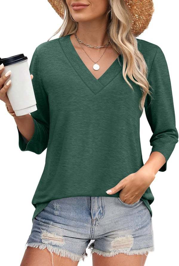 NEW  Women's V Neck 3/4 Long Sleeve Loose Fit Tops