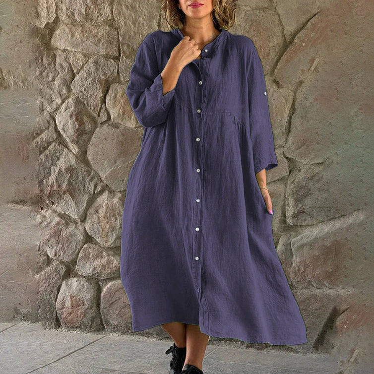 【✨Combinație de confort și modă】Rochie cămașă lejeră din bumbac și in