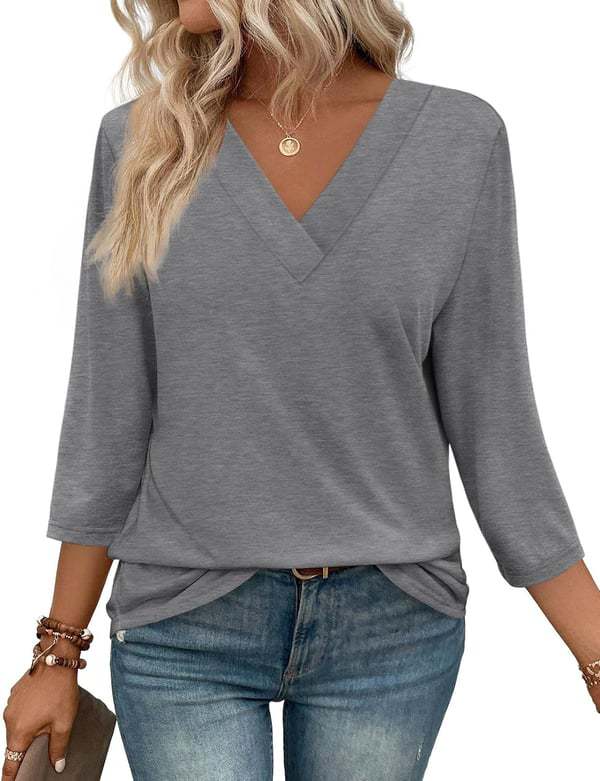 NEW  Women's V Neck 3/4 Long Sleeve Loose Fit Tops