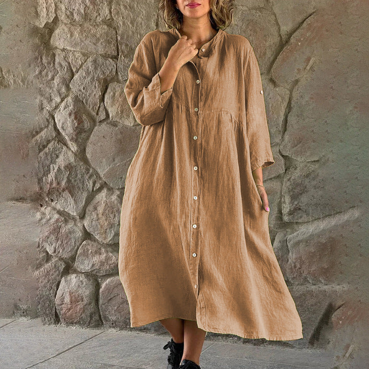 【✨Combinație de confort și modă】Rochie cămașă lejeră din bumbac și in