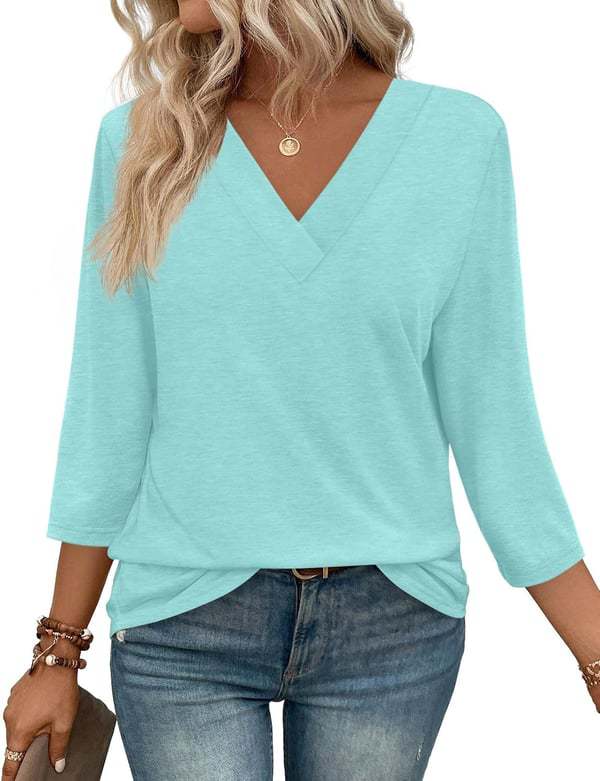 NEW  Women's V Neck 3/4 Long Sleeve Loose Fit Tops