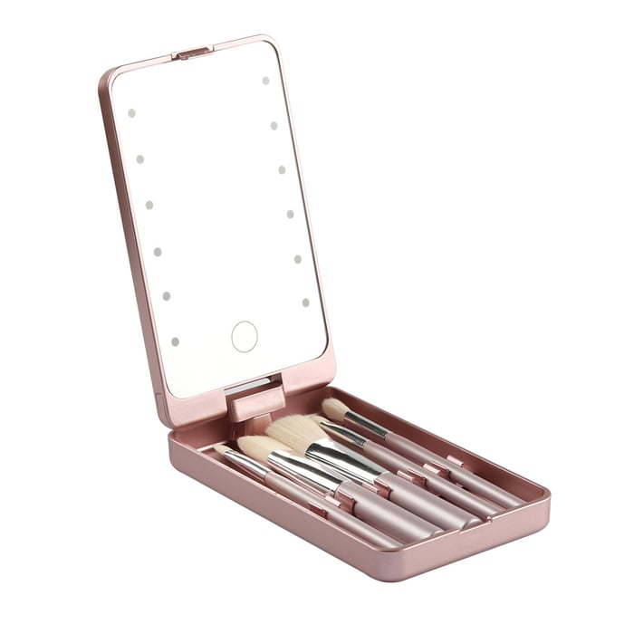 Putni set kistova za šminkanje s LED svjetlom i kutijicom za prašinu (5 kistova, punjivi putem USB-a)