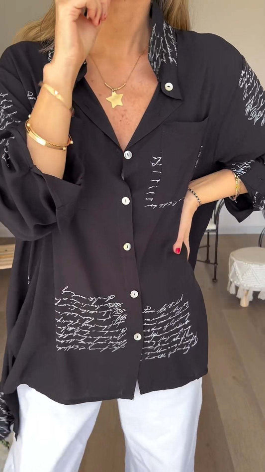 🍂Ținută de toamnă - Cămașă la modă cu rever și imprimeu cu litere