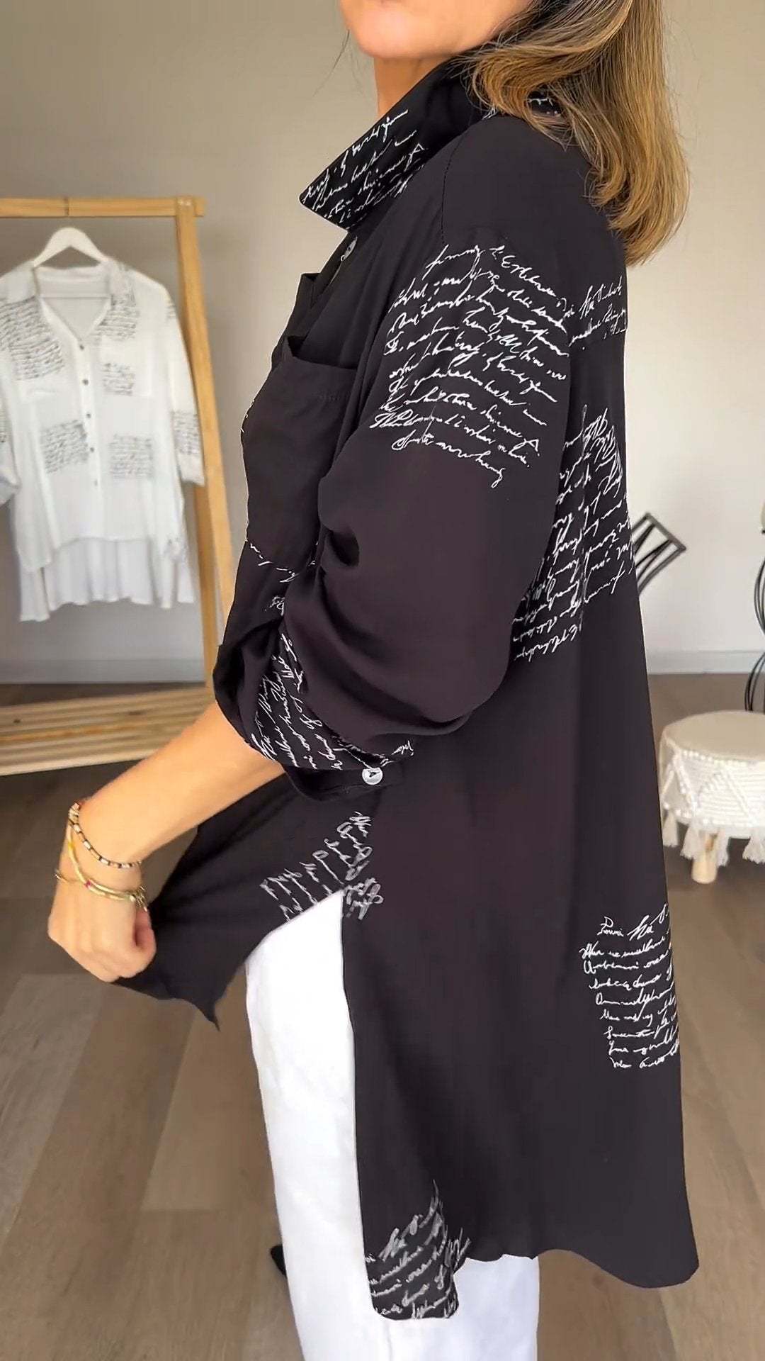 🍂Ținută de toamnă - Cămașă la modă cu rever și imprimeu cu litere