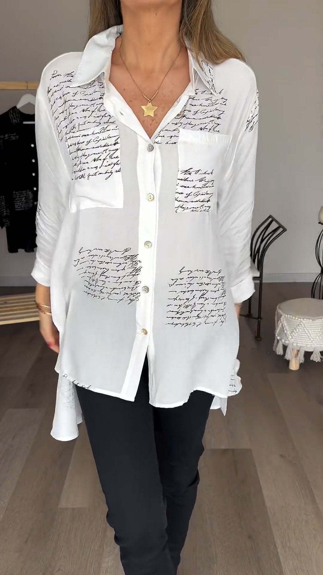 🍂Ținută de toamnă - Cămașă la modă cu rever și imprimeu cu litere