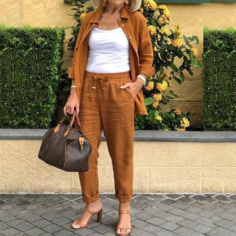 【🔥Sproščeno in elegantno】Srajca in hlače z dolgimi rokavi iz bombaža in lana(📉Spet znižanje cen!!!)