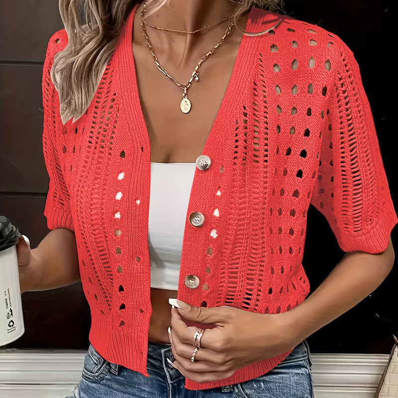 👚 Rövid ujjú, áttört mintás női pulóver – légáteresztő, könnyű anyagból, ideális a nyári mindennapi viselethez✨