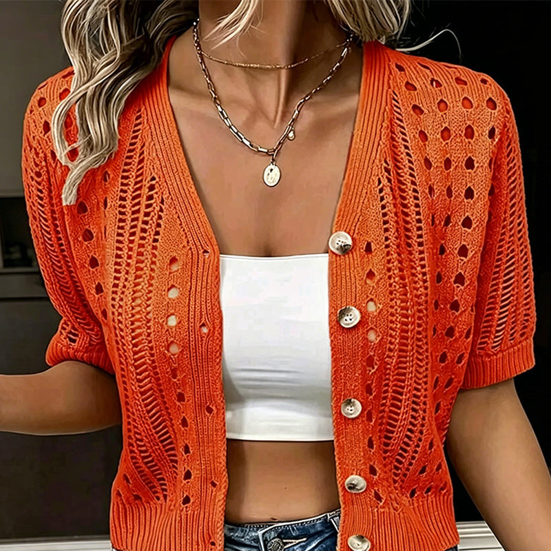 👚 Rövid ujjú, áttört mintás női pulóver – légáteresztő, könnyű anyagból, ideális a nyári mindennapi viselethez✨