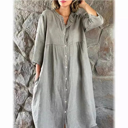 【✨Combinație de confort și modă】Rochie cămașă lejeră din bumbac și in