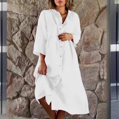 【✨Combinație de confort și modă】Rochie cămașă lejeră din bumbac și in