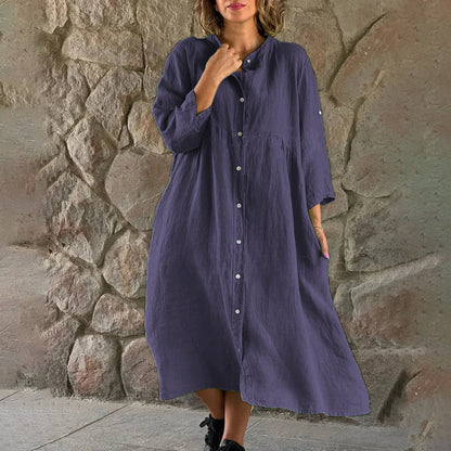 【✨Combinație de confort și modă】Rochie cămașă lejeră din bumbac și in