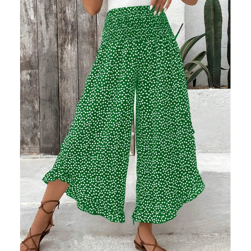 🎁Ingyenes ajándék-📿Gyönyörű nyaklánc💥50% árcsökkentés🌴Ruffle szegélyes trópusi nadrág🌺Pöttyös széles szárú női nadrág – Magas smockos derék, légáteresztő nyári kényelem！